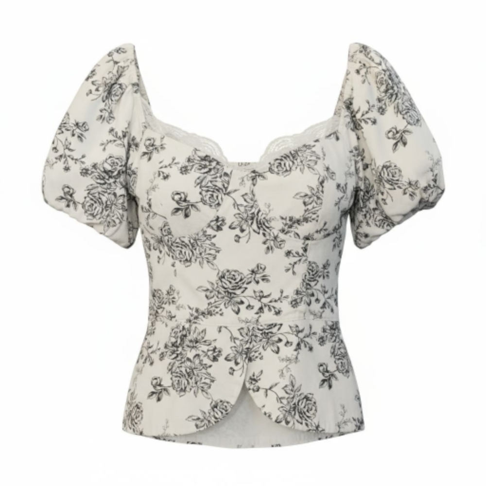 Boho Peasant Floral Puff Sleeve Lace Trim Blouse - Black and White Woman Large